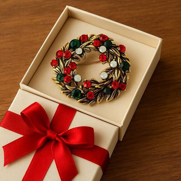 Vintage Christmas Wreath Brooch Pin Gold Tone Rhinestone Holiday Outfit Gift - Picture 15 of 15